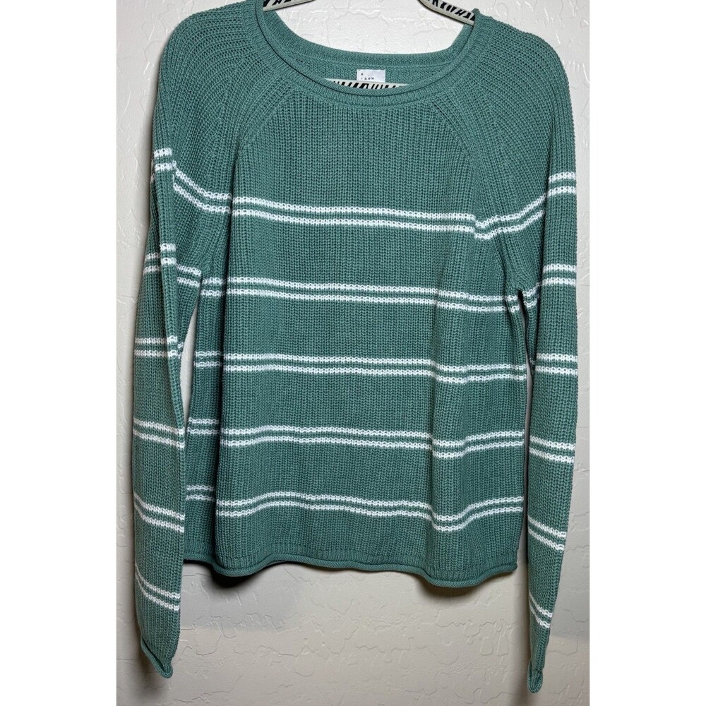 A New Day Womens XL Green Cream Striped Shaker Knit Sweater Crewneck Coastal